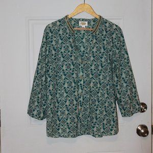 SALE: Vintage Talbots Beaded Collar Button-up 3/4 Sleeve, XL Turquoise/Lt. Blue